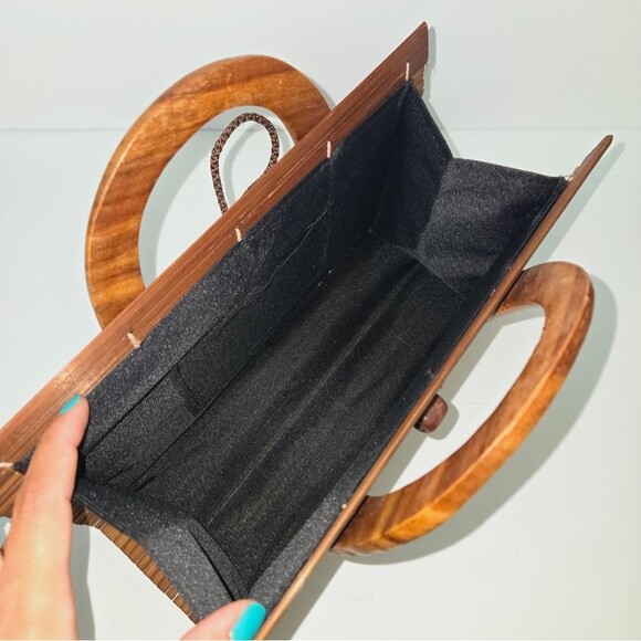 Boho Wooden Colapsible Small Purse Top Handle Mini Bag - Picture 4 of 10